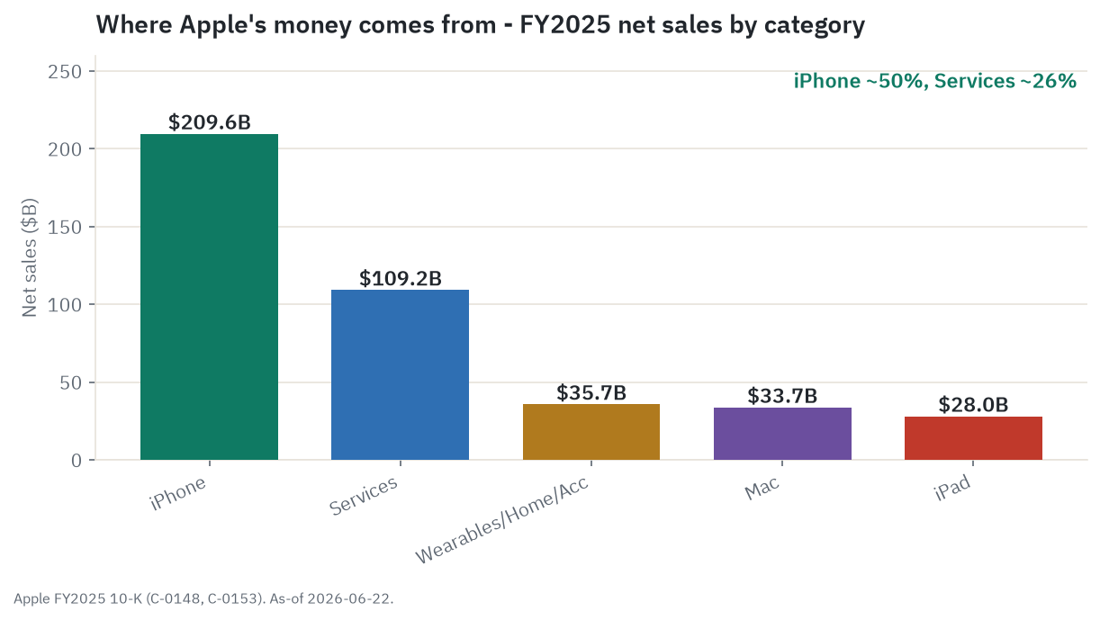 FY2025 net sales by product category, with iPhone at roughly half of revenue and Services at roughly a quarter