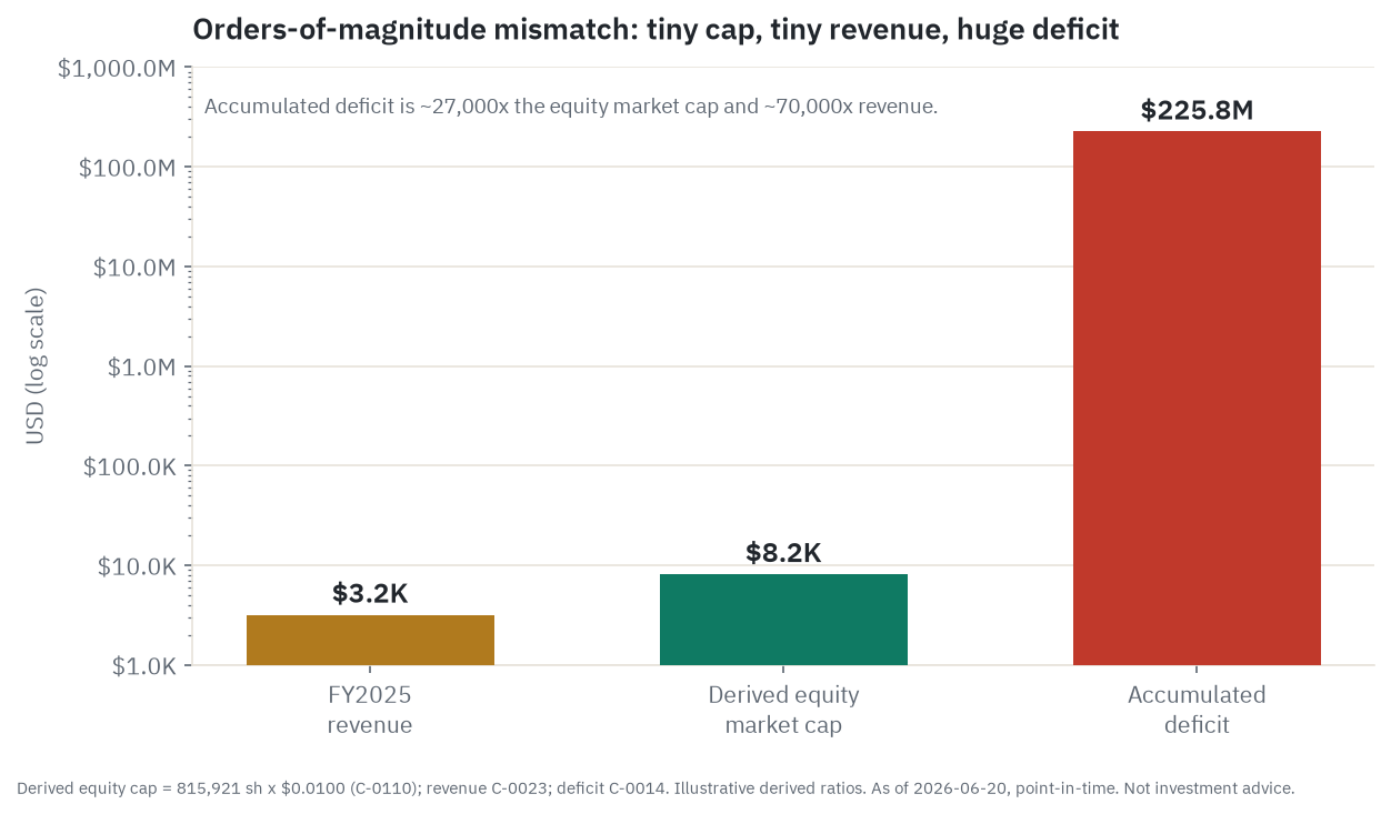 Log-scale comparison of fiscal-2025 revenue of $3,195, a derived equity market value of about $8,159, and the accumulated deficit of $225.8 million