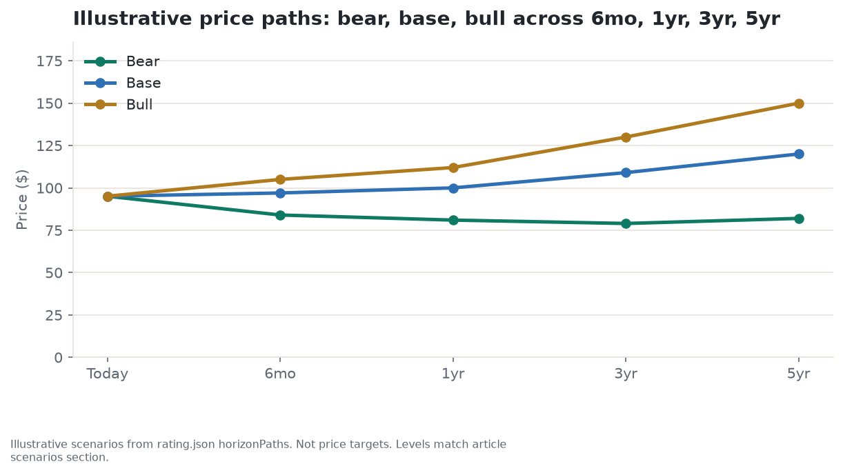 Illustrative bull, base, and bear price paths for HSBC across 6 months, 1 year, 3 years, and 5 years, running from a $95.09 ADR price today to a base case near $120 and a bear case near $82 by year five - scenarios from the research, not price targets