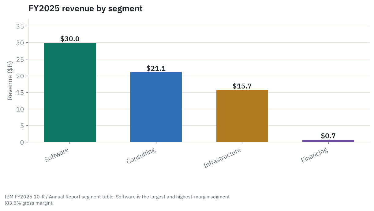 FY2025 revenue by segment: Software $29.96B, Consulting $21.06B, Infrastructure $15.72B, Financing $0.74B