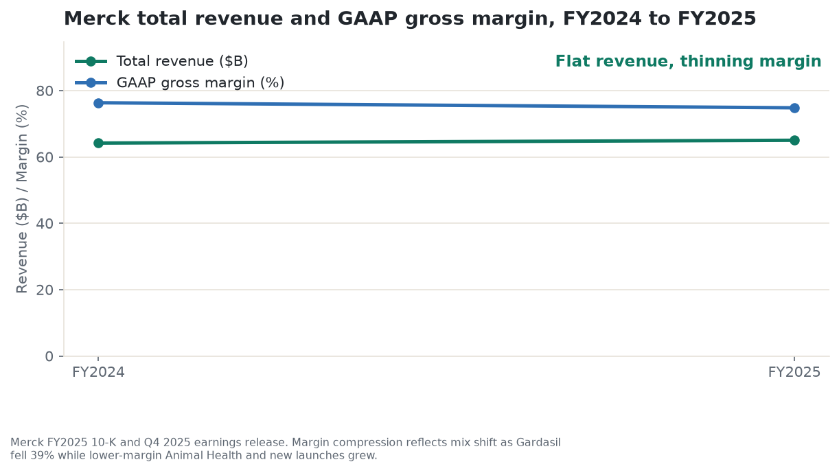 Merck total revenue holding roughly flat between FY2024 and FY2025 while GAAP gross margin compressed from 76.3 percent to 74.8 percent